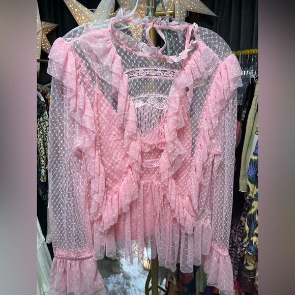 By Anthropologie Sheer Ruffle Blouse in Pink NWOT - Picture 7 of 9